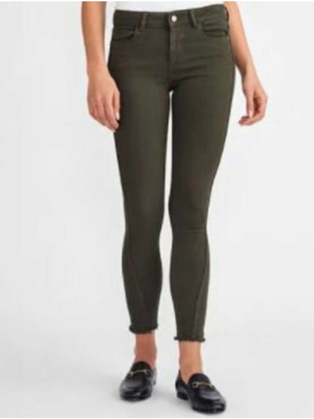 DL1961 Margaux Dark Olive Raw Hem Mid Rise Intrasculpt Skinny Jeans.